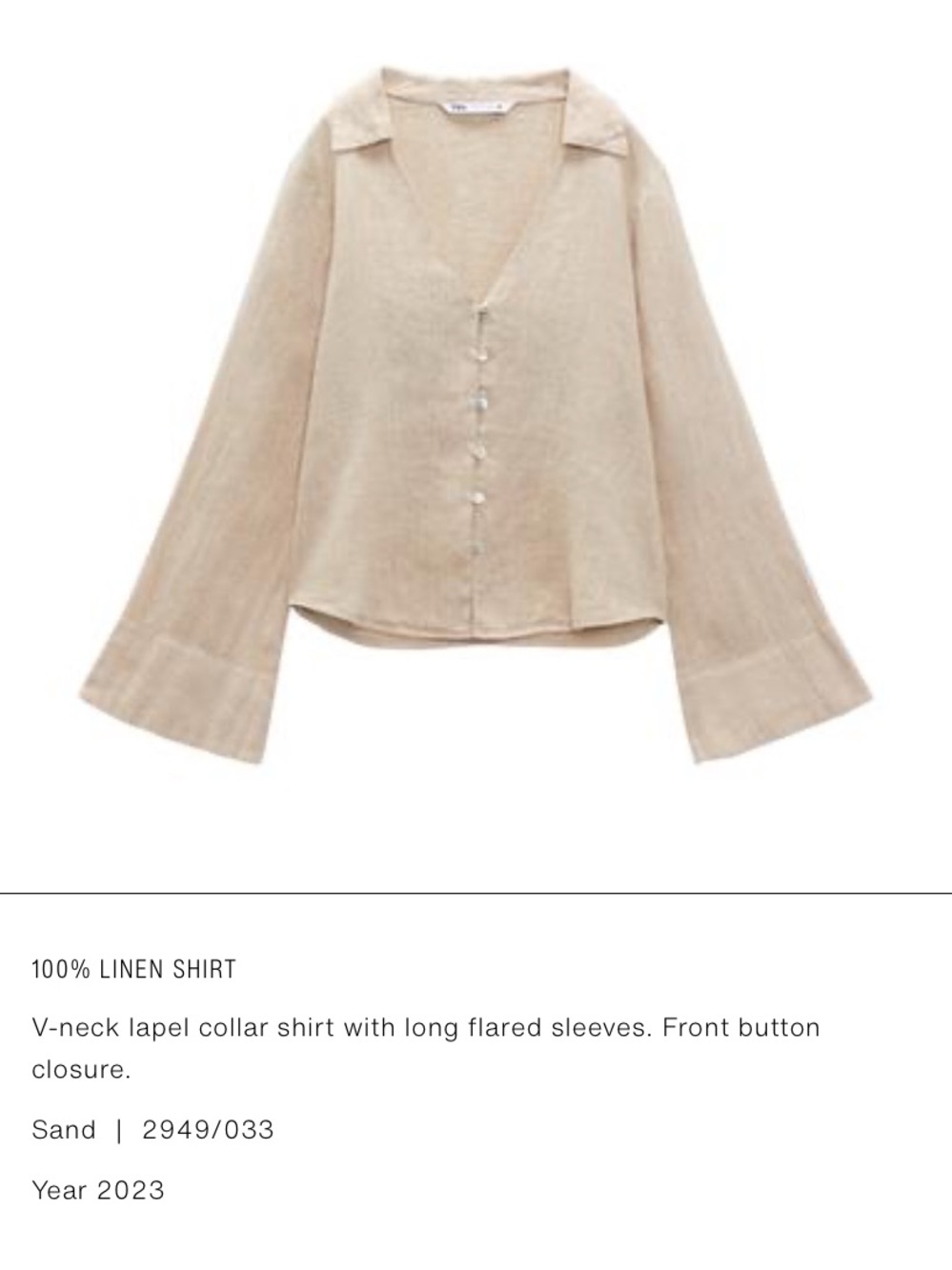 ZARA 100% Linen Shirt with Flared Sleeves